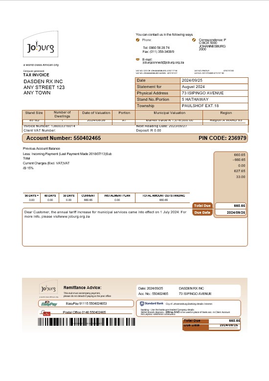 South Africa Joburg business utility bill Word and PDF template pages PSD template
